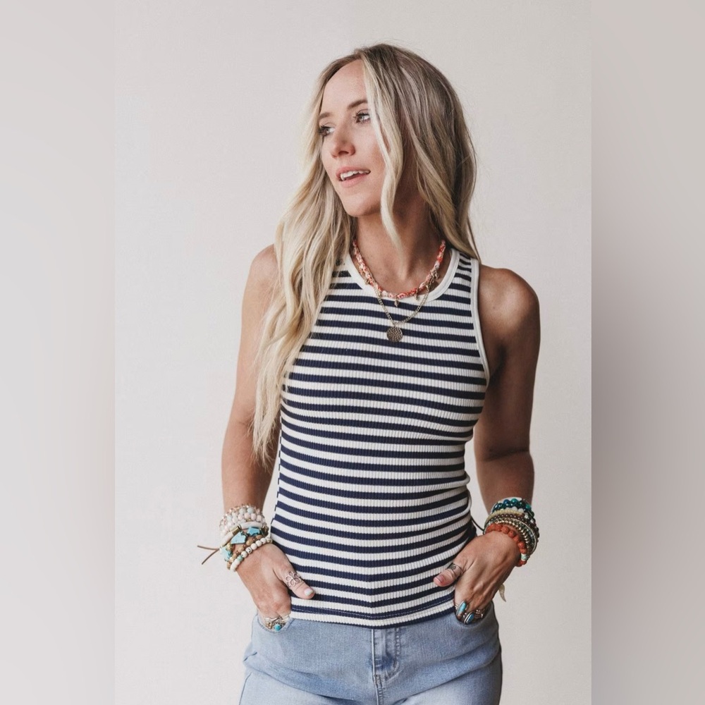 Three Bird Nest Wildflow Navy and White Striped Tank Top